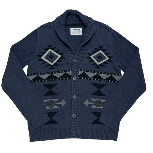 Urban Pipeline Southwestern Cardigan Sweater Navy Knit Cowl Neck Men's L Aztec - Picture 1 of 6